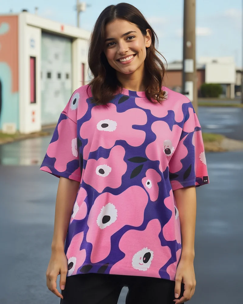 بيواكوف Women's Pink & Blue All Over Printed Oversized T-shirt